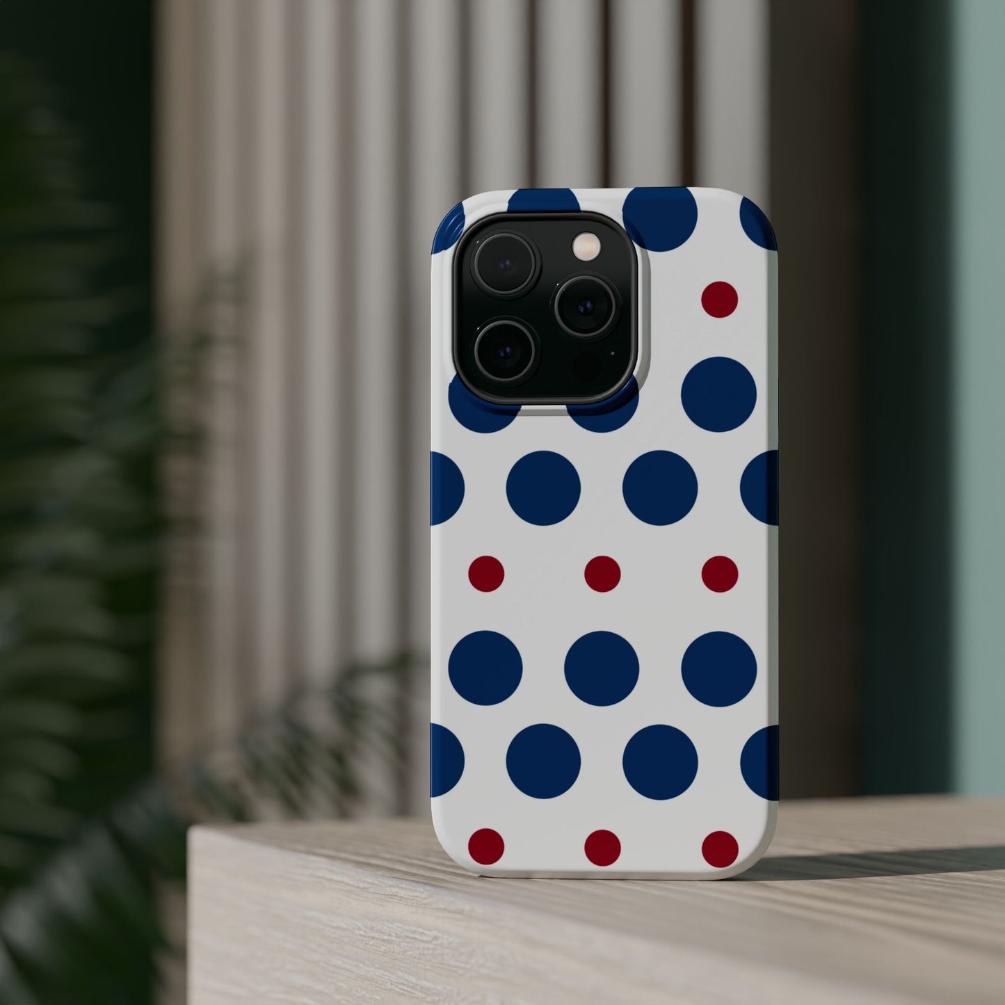 Bold Navy & Red Polka Dot Pattern – MagSafe iPhone Case