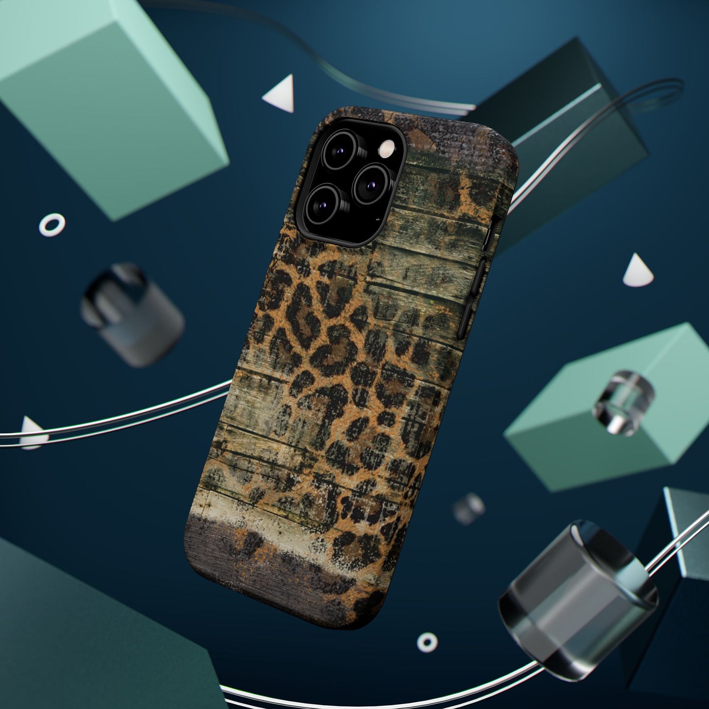 Rustic Wood and Leopard Print Tough MagSafe iPhone Case – Distressed Western Design with Dual-Layer Protection