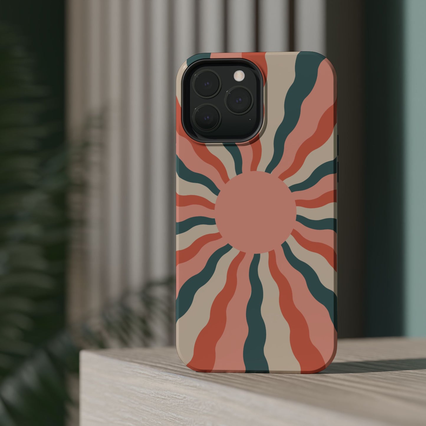 Retro Sunburst MagSafe iPhone Case – Bold 70s-Inspired Waves in Coral, Teal, and Cream