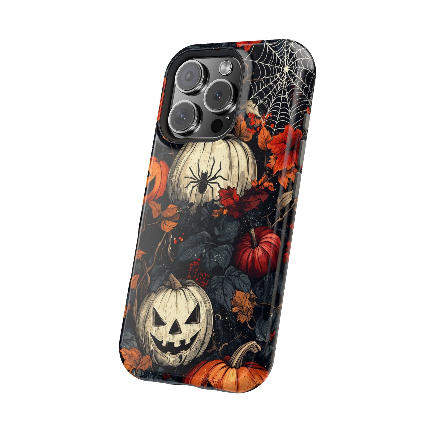 Hauntingly Elegant Halloween MagSafe iPhone Case – Pumpkins, Spiders, and Autumn Leaves Design