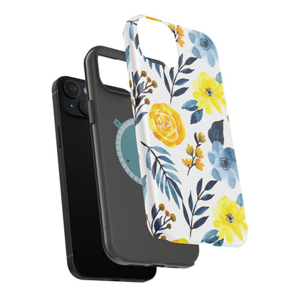 Golden Yellow & Sky Blue Floral – Watercolor Botanical MagSafe iPhone Case