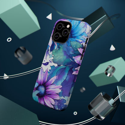 Purple & Teal Watercolor Floral MagSafe iPhone Case - Artistic Flower Design