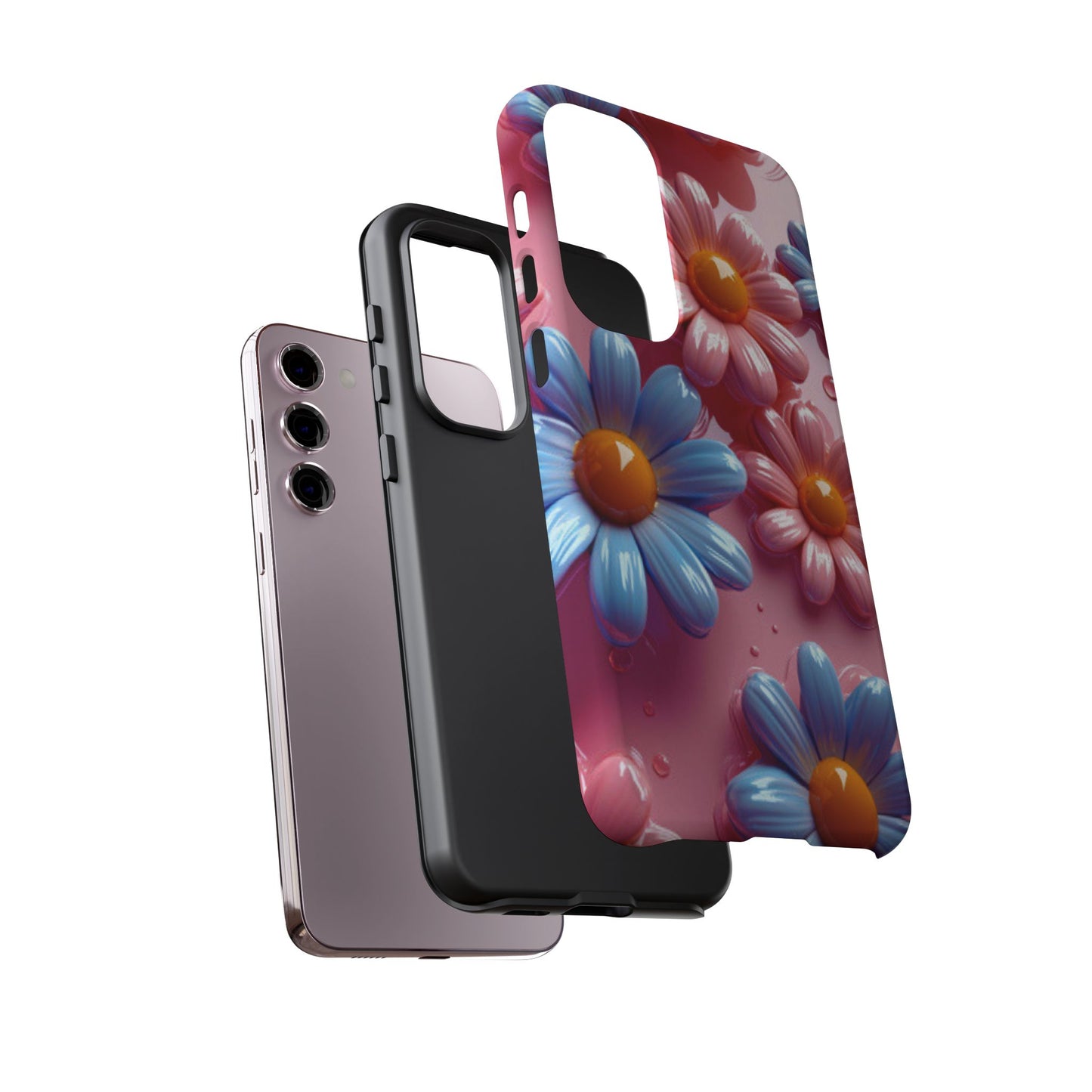 Pastel Daisy 3D Samsung Galaxy Case – Glossy Pink and Blue Floral Design, Full Protection - BOGO Cases