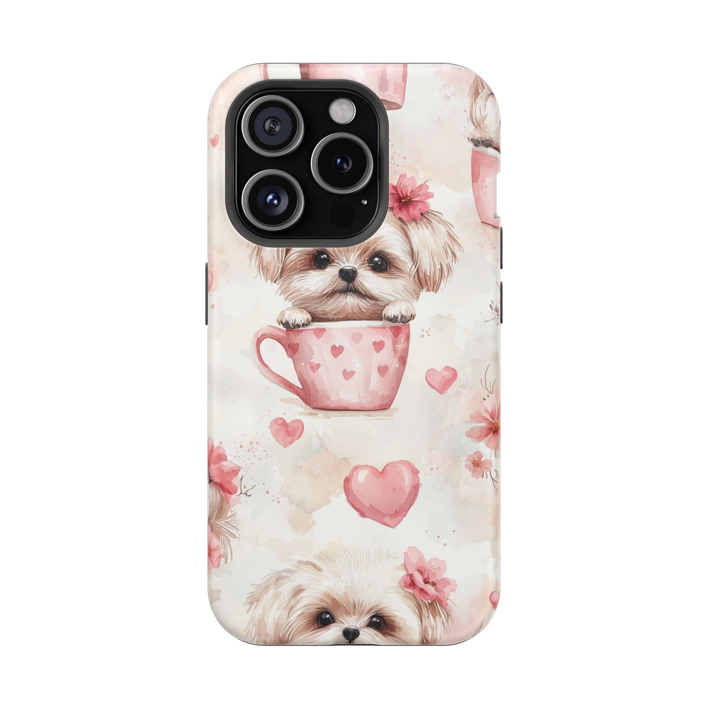 Floral Puppy in Teacup MagSafe iPhone Case – Cute Pink Flower Design, Tough Dual-Layer Protection