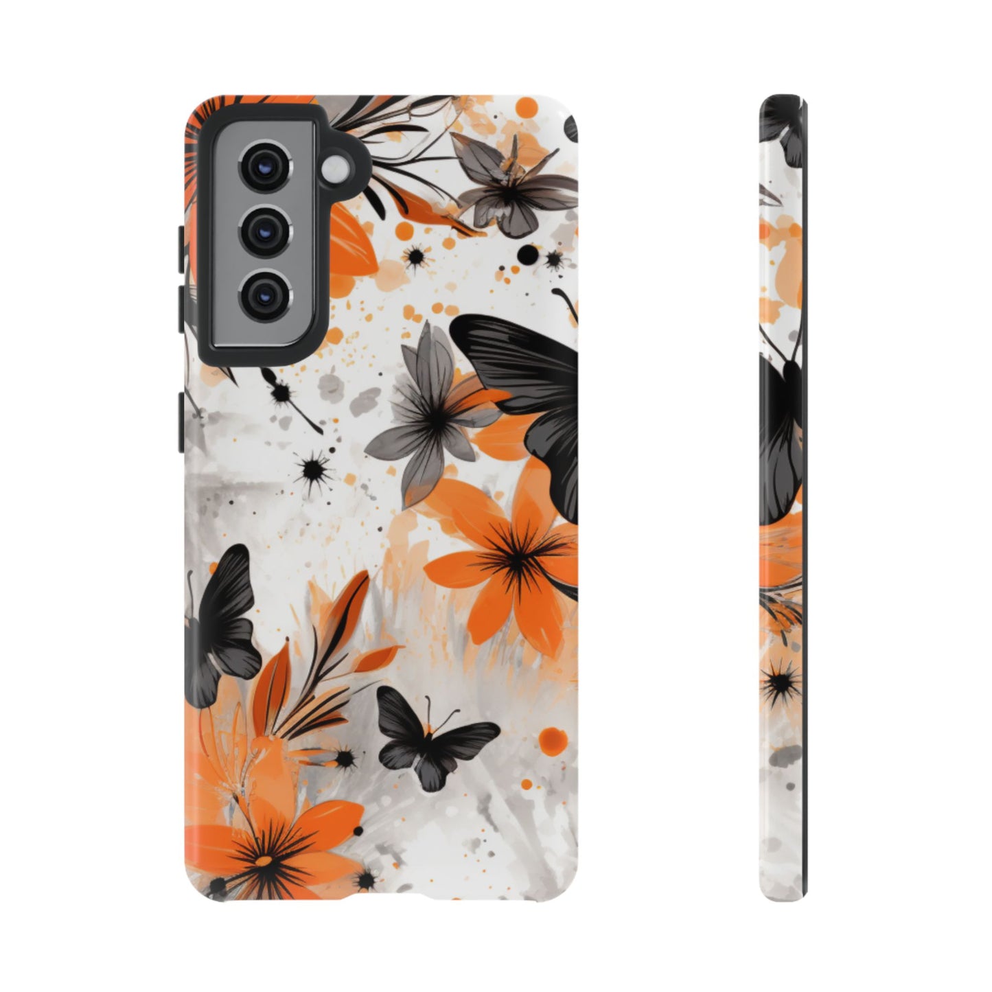 Orange Blossom & Black Butterfly Samsung Galaxy Case – Bold Floral Pattern with Modern Abstract Style