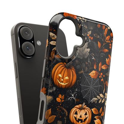 Elegant Halloween MagSafe iPhone Case – Pumpkin Jack-o'-Lanterns, Cobwebs & Autumn Foliage Design