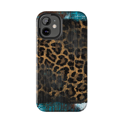 Boho Leopard and Turquoise Tough iPhone Case – Rustic Western Design with Dual-Layer Protection