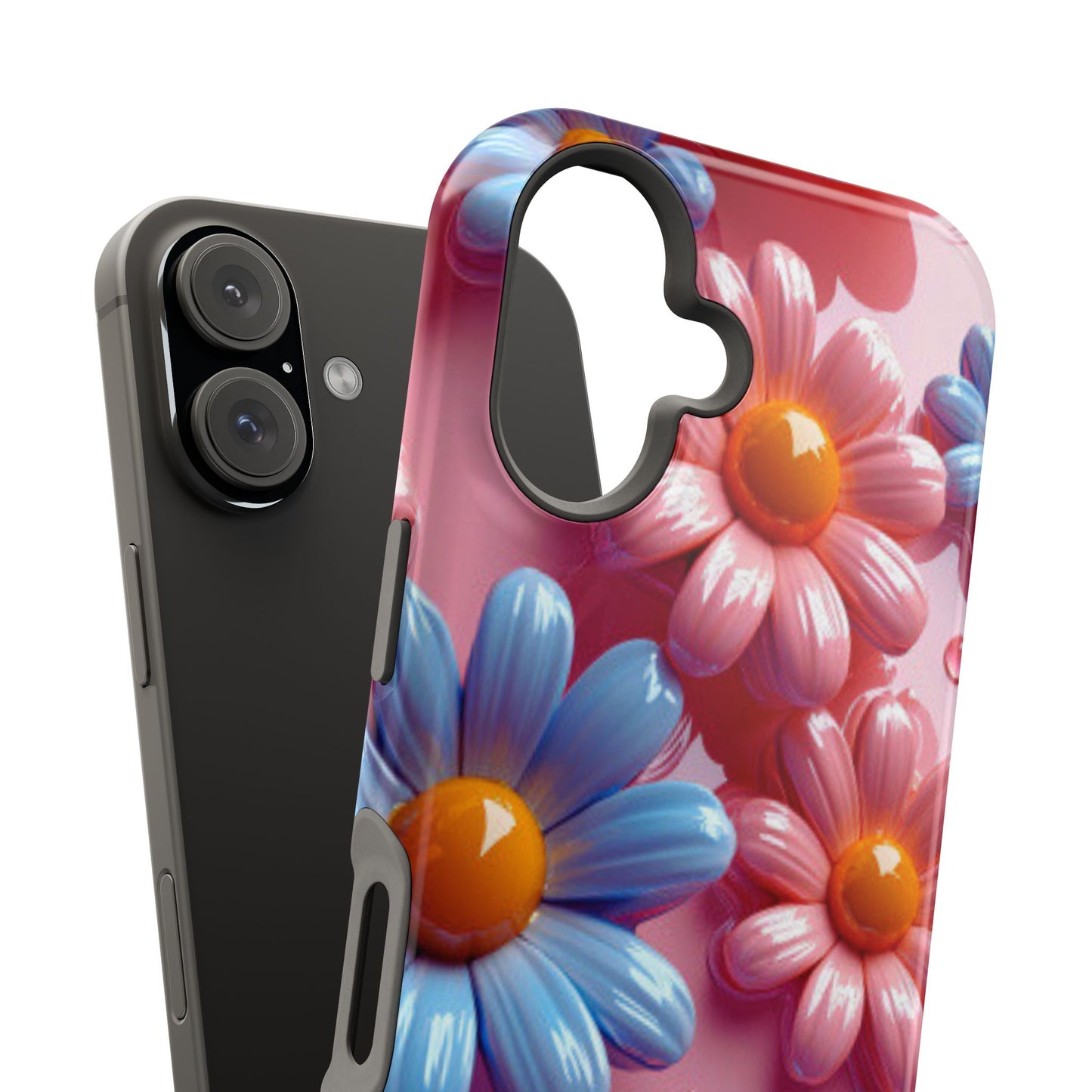 Pastel Daisy 3D MagSafe iPhone Case – Glossy Pink and Blue Floral Design, Full Protection