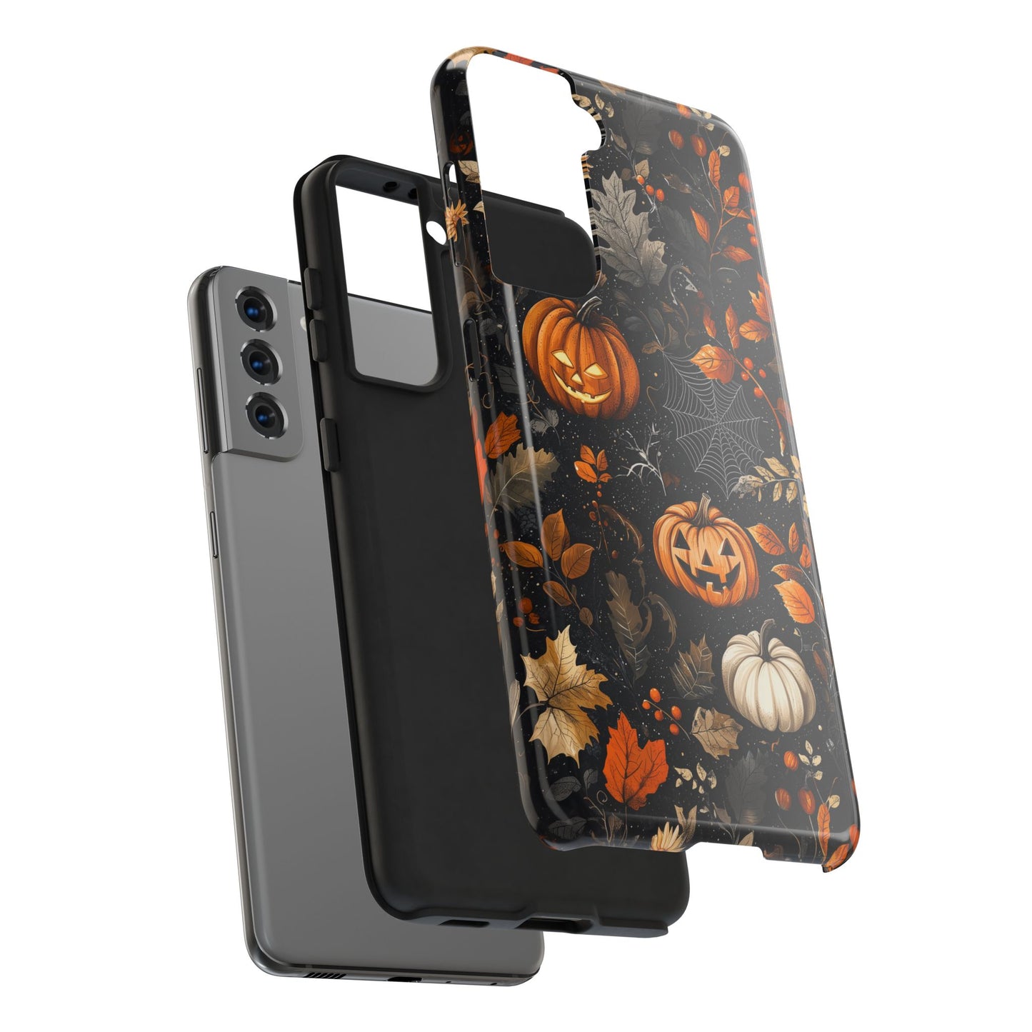 Elegant Halloween Samsung Galaxy  Case – Pumpkin Jack-o'-Lanterns, Cobwebs & Autumn Foliage Design