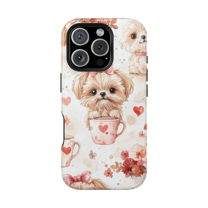 Puppies & Heart Mugs MagSafe iPhone Case – Sweet Dog & Floral Design, Shockproof & Slim