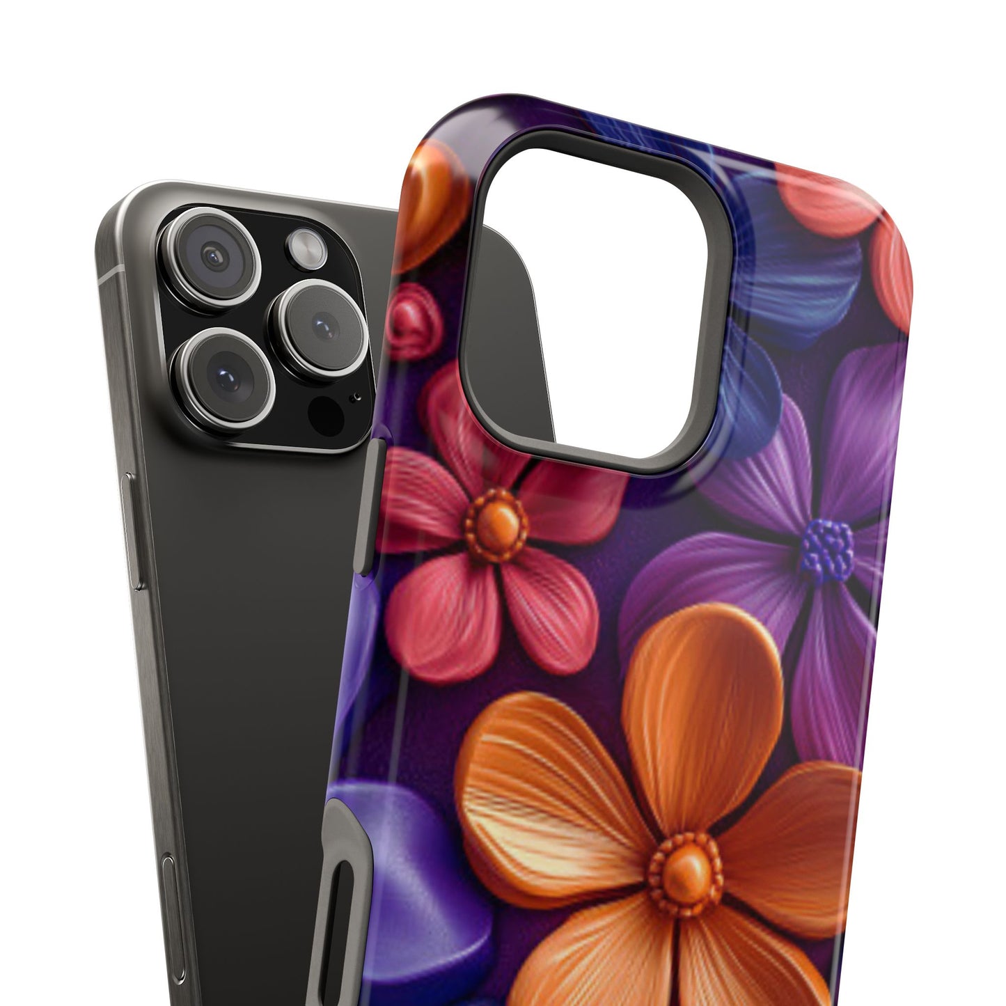 Bold Floral 3D MagSafe iPhone Case – Vivid Purple and Orange Flower Design, Shock-Resistant