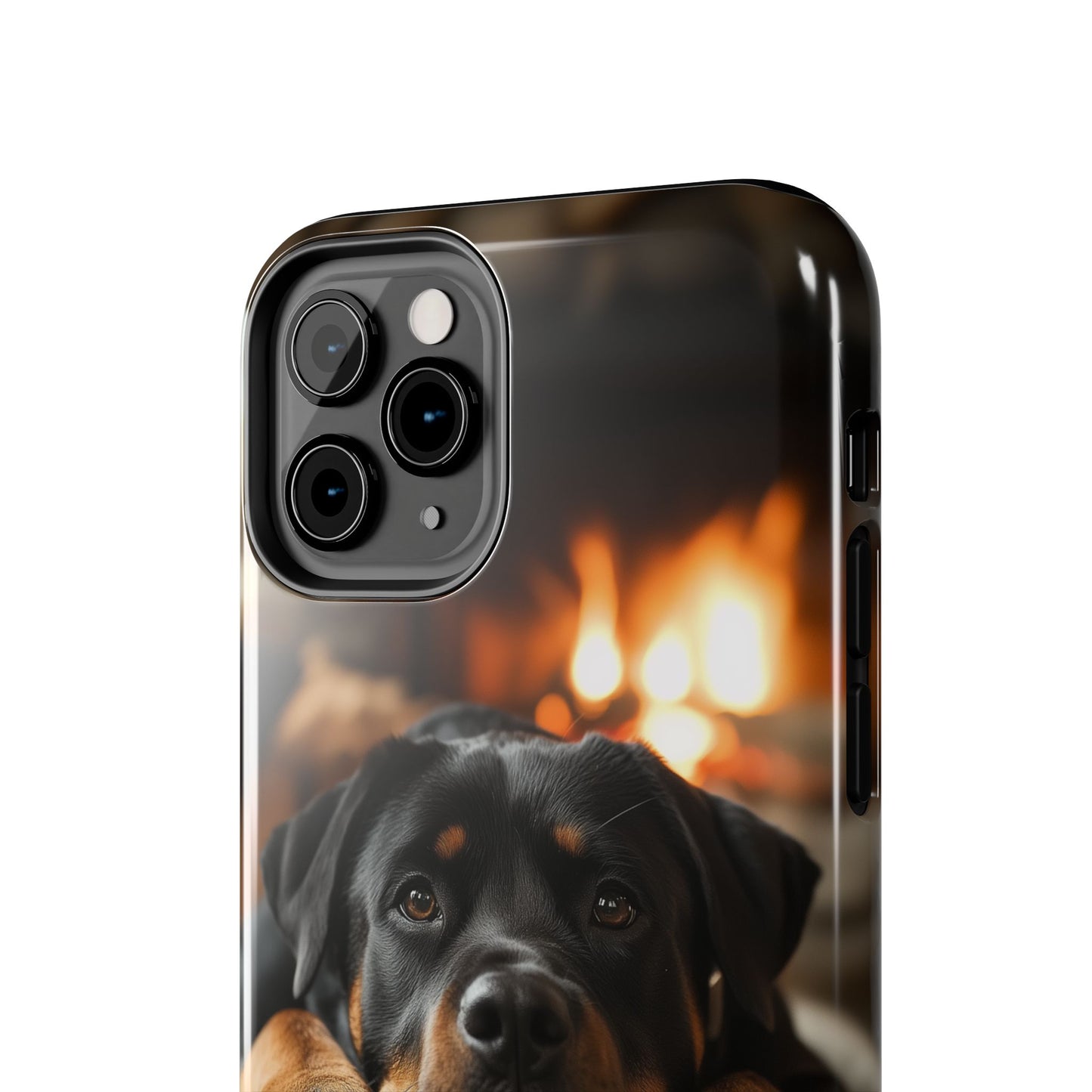 Cozy Rottweiler by the Fireplace iPhone Case – Warm Rustic Design