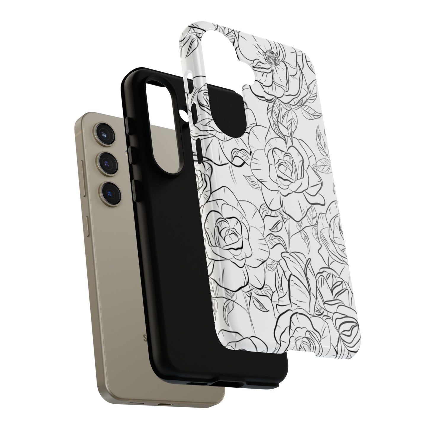 Monochrome Rose Garden Tough Samsung Galaxy Case – Elegant Floral Line Art with Dual-Layer Protection