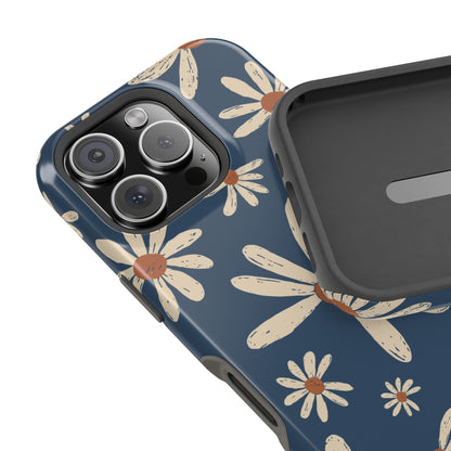 Vintage Daisies MagSafe iPhone Case – Navy Blue Floral Design, Scratch-Resistant with Shock-Absorbing Bumper