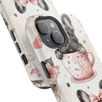 French Bulldogs in Teacups MagSafe iPhone Case – Cute Dog Design with Hearts & Bows, Shockproof & Slim