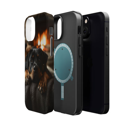 Cozy Rottweiler by the Fireplace MagSafe iPhone Case – Warm Rustic Design