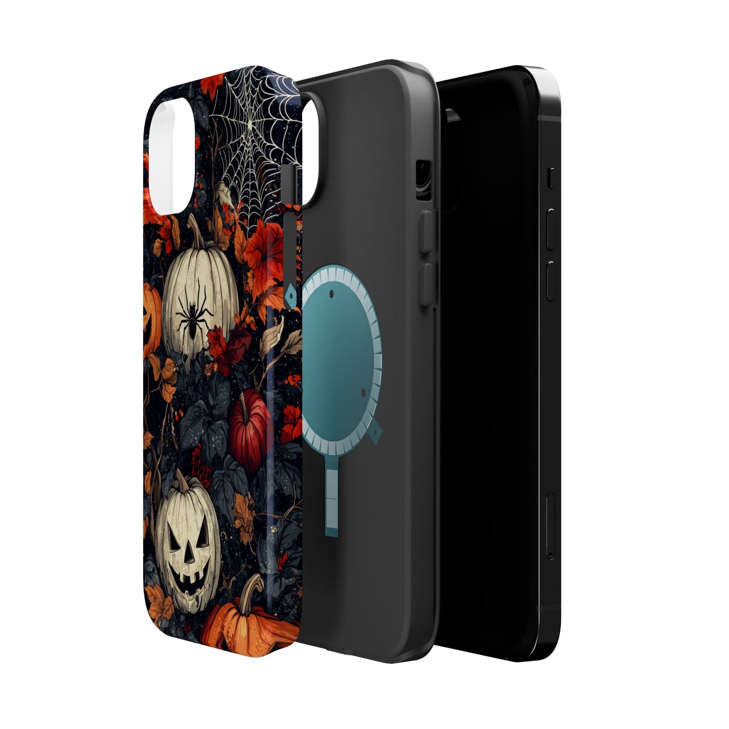 Hauntingly Elegant Halloween MagSafe iPhone Case – Pumpkins, Spiders, and Autumn Leaves Design