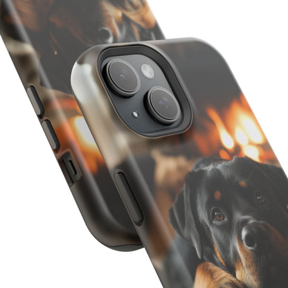 Cozy Rottweiler by the Fireplace MagSafe iPhone Case – Warm Rustic Design