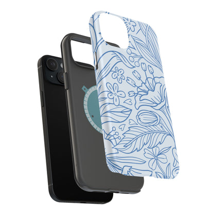 Dusty Blue Floral Line Art Tough MagSafe iPhone Case – Minimalist Botanical Design with Dual-Layer Protection