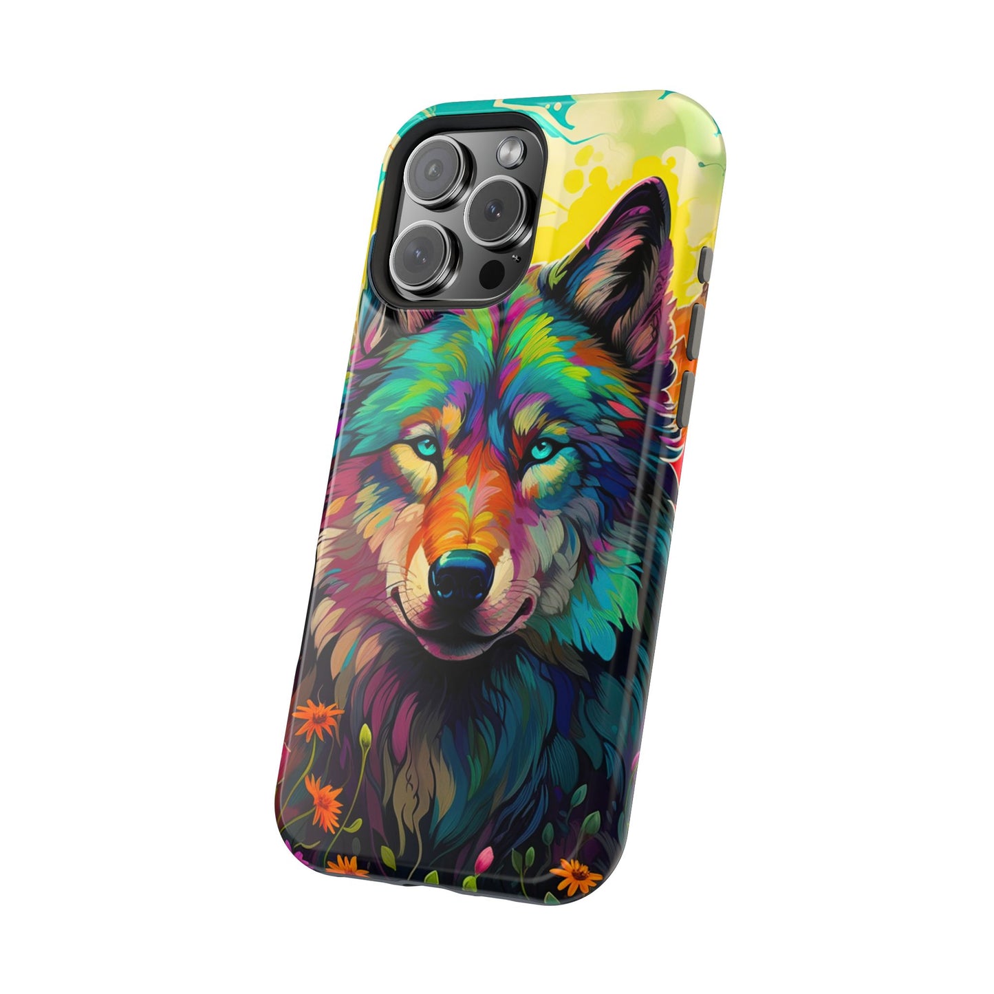 Rainbow Wolf in Bloom – MagSafe iPhone Case with Nature-Inspired Design