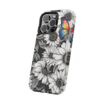 Rainbow Butterflies & Monochrome Sunflowers – MagSafe iPhone Case