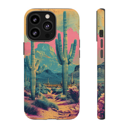 Desert Oasis Retro Cactus Phone Case - Vibrant Sunset Landscape for iPhone 15/14/13/12, Samsung S24/S23/S22/S21, & Google Pixel