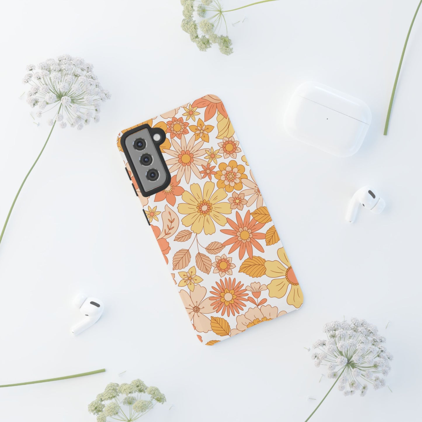 Vintage Floral Bloom Samsung Galaxy Case – Warm Orange & Yellow Retro Flower Design with Matte Finish