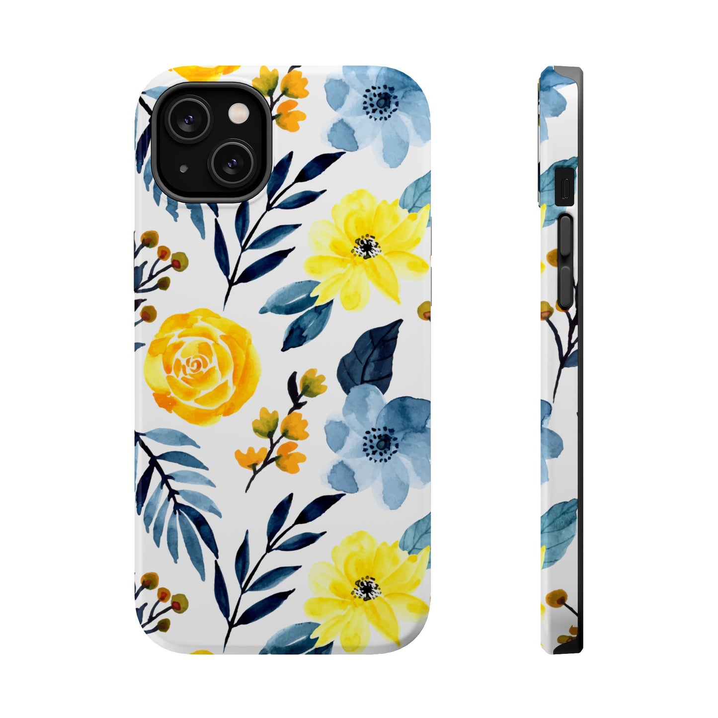 Golden Yellow & Sky Blue Floral – Watercolor Botanical MagSafe iPhone Case