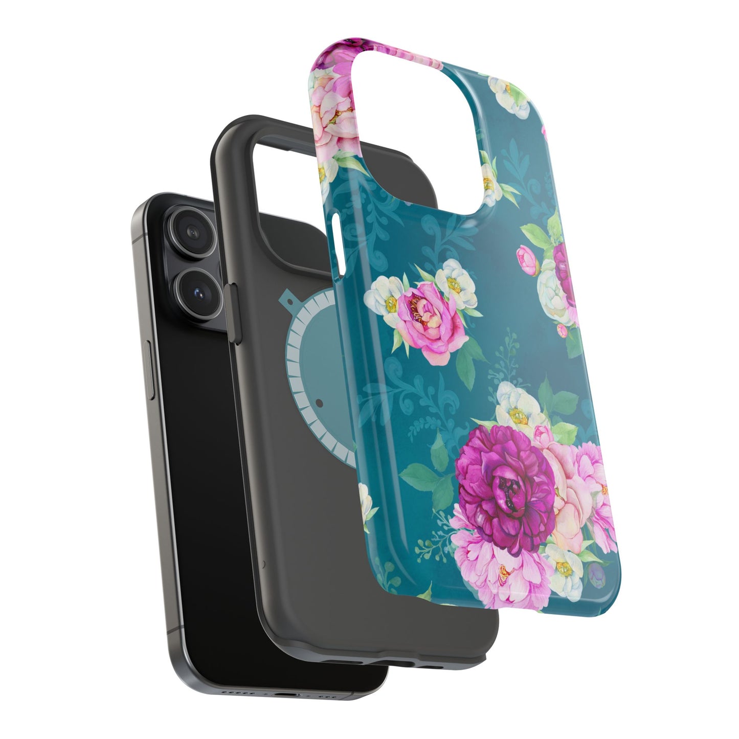 Elegant Peony Bouquet MagSafe iPhone Case – Deep Teal Background with Romantic Floral Design