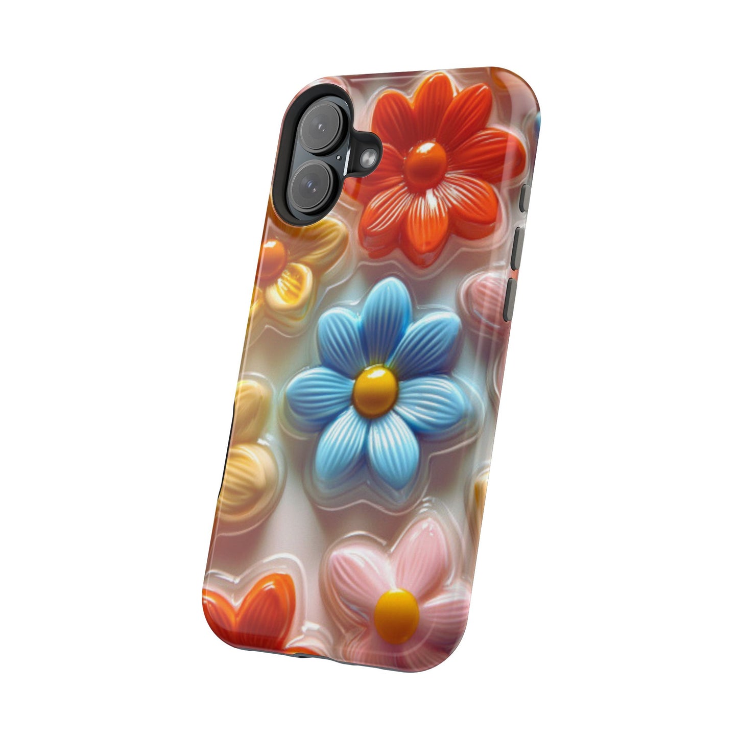 Glossy Retro Flower MagSafe iPhone Case – Colorful 3D Floral Design, Durable Protection