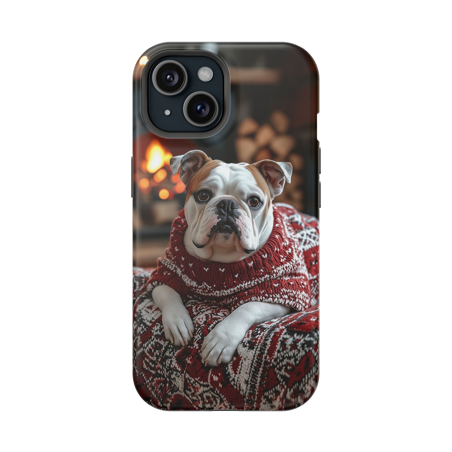 Cozy Bulldog in Sweater MagSafe iPhone Case – Festive Fireplace Protective Cover