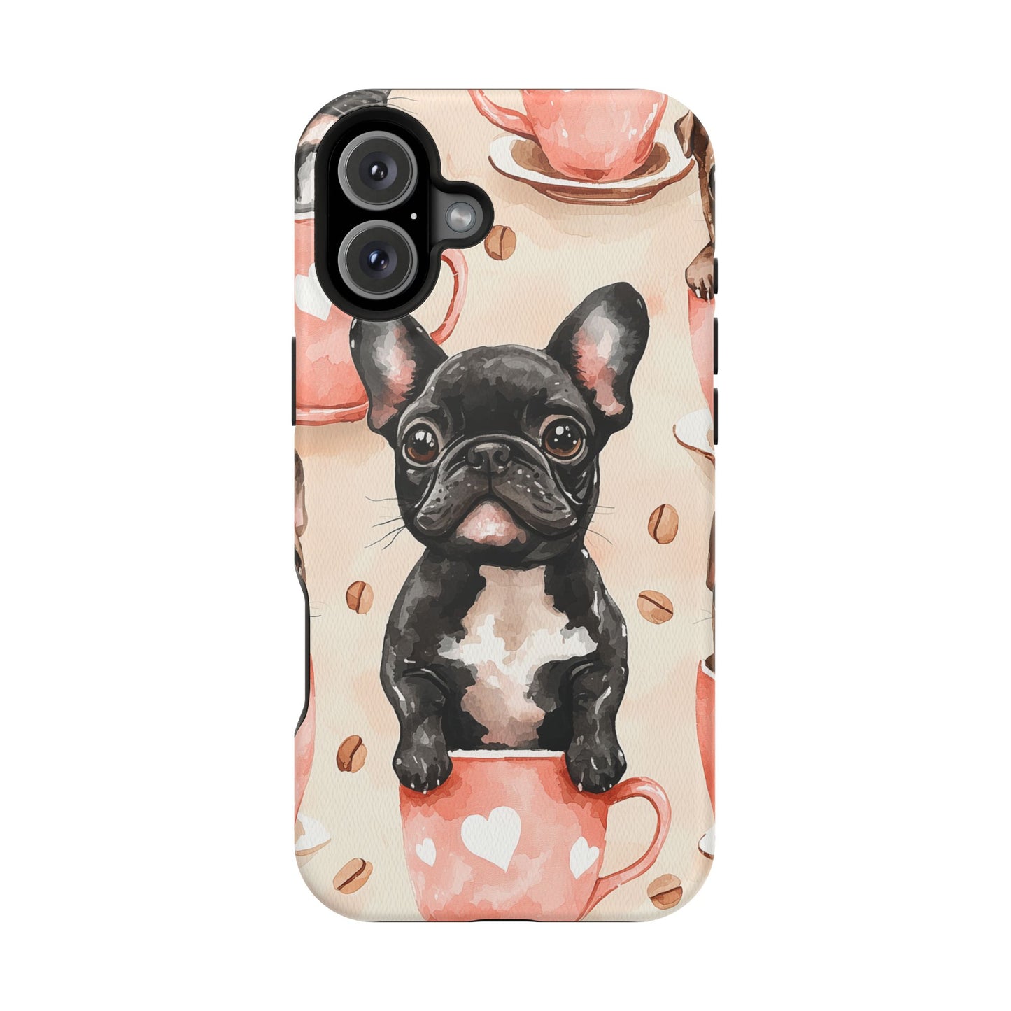 French Bulldogs in Coffee Cup MagSafe iPhone Case – Cute Dog Art, Shockproof & Slim Design