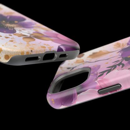 Elegant Purple & Gold Floral MagSafe iPhone Case - Luxe Flower Design