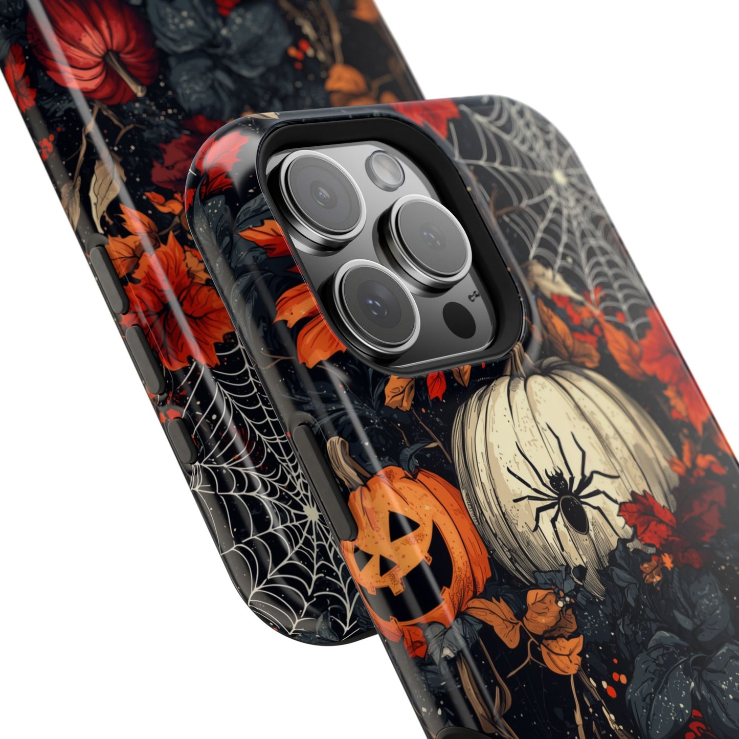 Hauntingly Elegant Halloween MagSafe iPhone Case – Pumpkins, Spiders, and Autumn Leaves Design