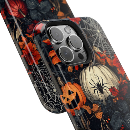 Hauntingly Elegant Halloween MagSafe iPhone Case – Pumpkins, Spiders, and Autumn Leaves Design