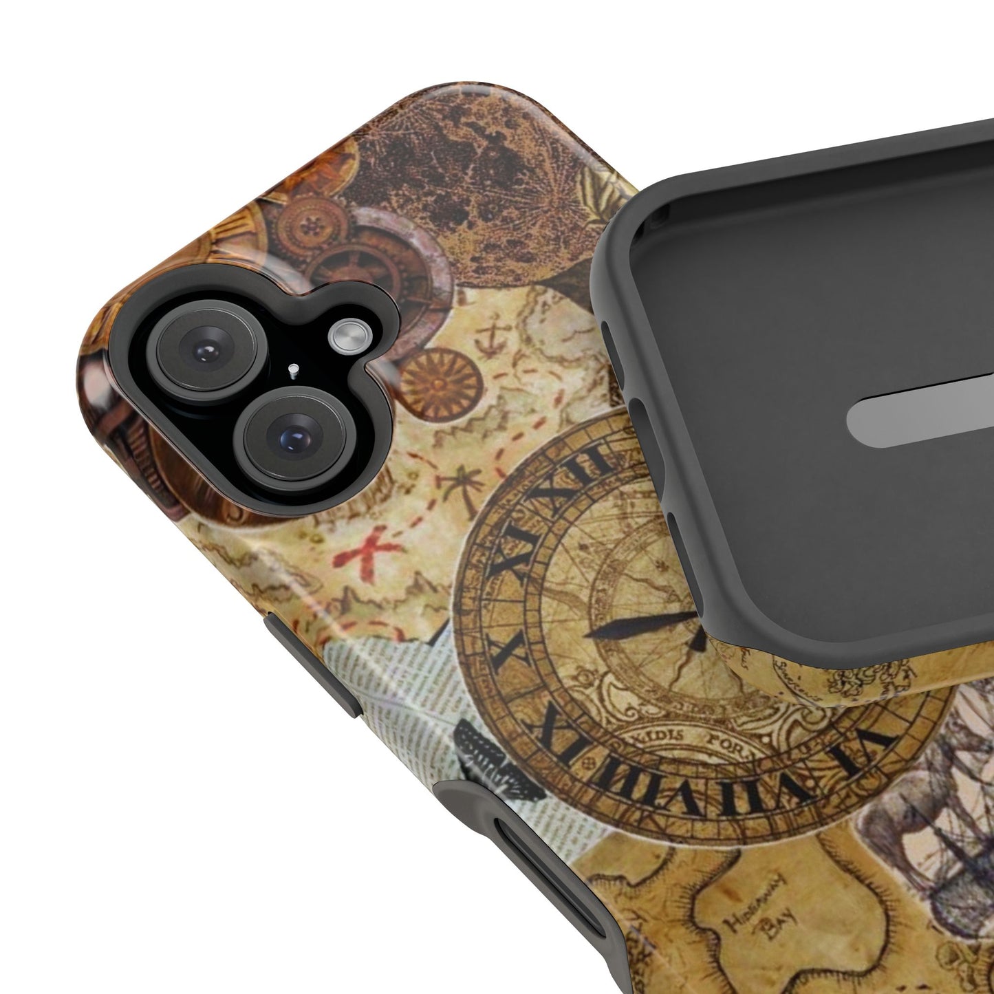 Steampunk Vintage Adventure MagSafe iPhone Case – Dual-Layer Protection with Antique Map and Clock Design