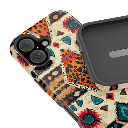 Wild Boho Leopard Print & Floral Tough MagSafe iPhone Case – Eclectic Tribal Design, Dual-Layer Protection