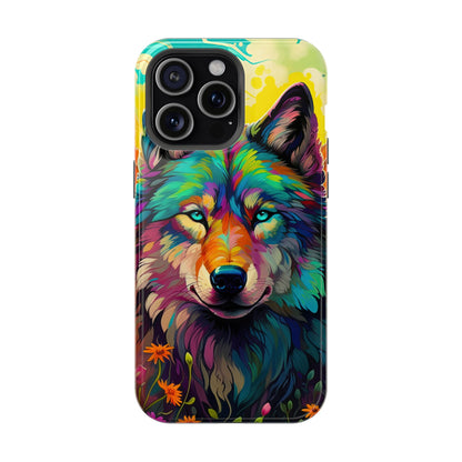 Rainbow Wolf in Bloom – MagSafe iPhone Case with Nature-Inspired Design