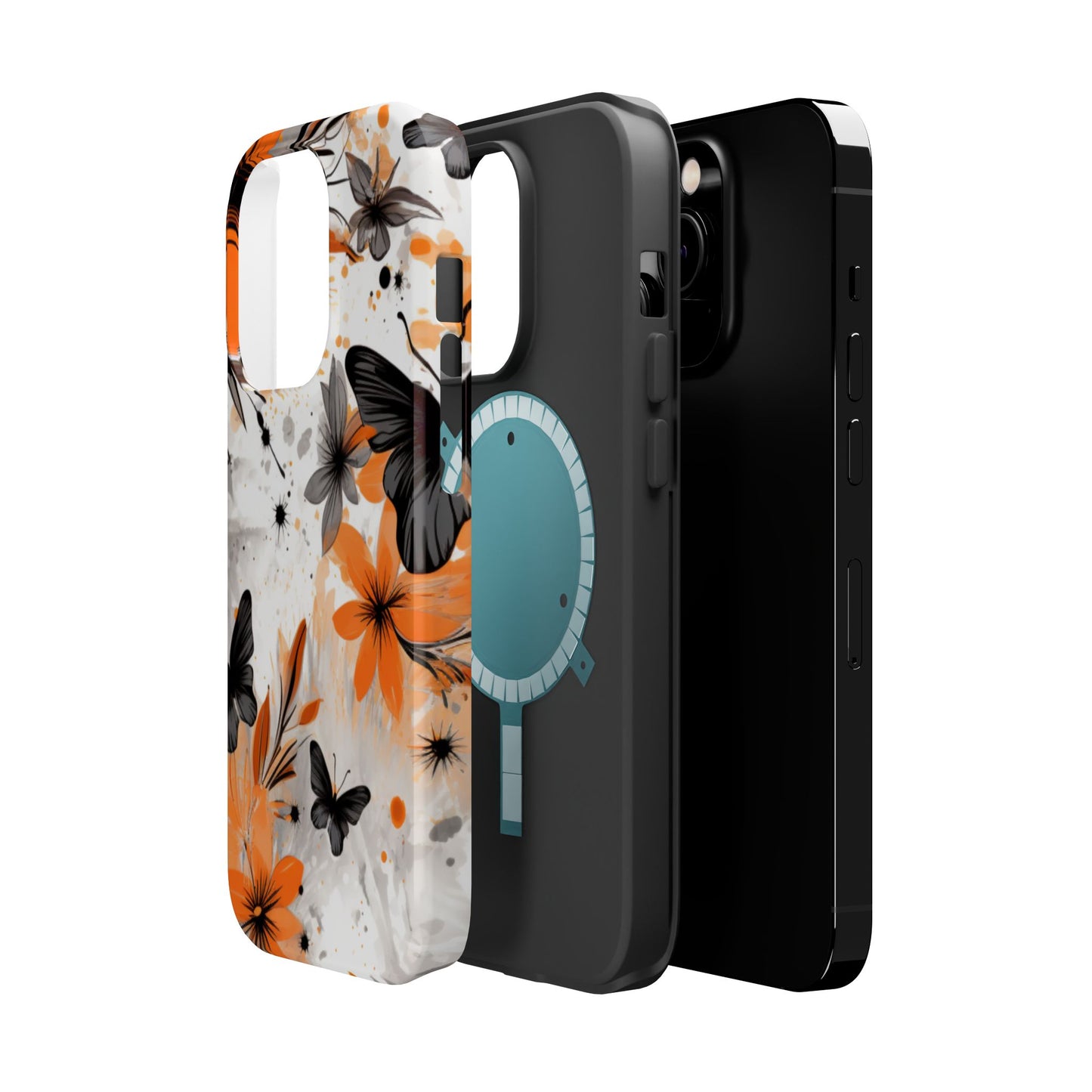 Orange Blossom & Black Butterfly MagSafe iPhone Case – Bold Floral Pattern with Modern Abstract Style