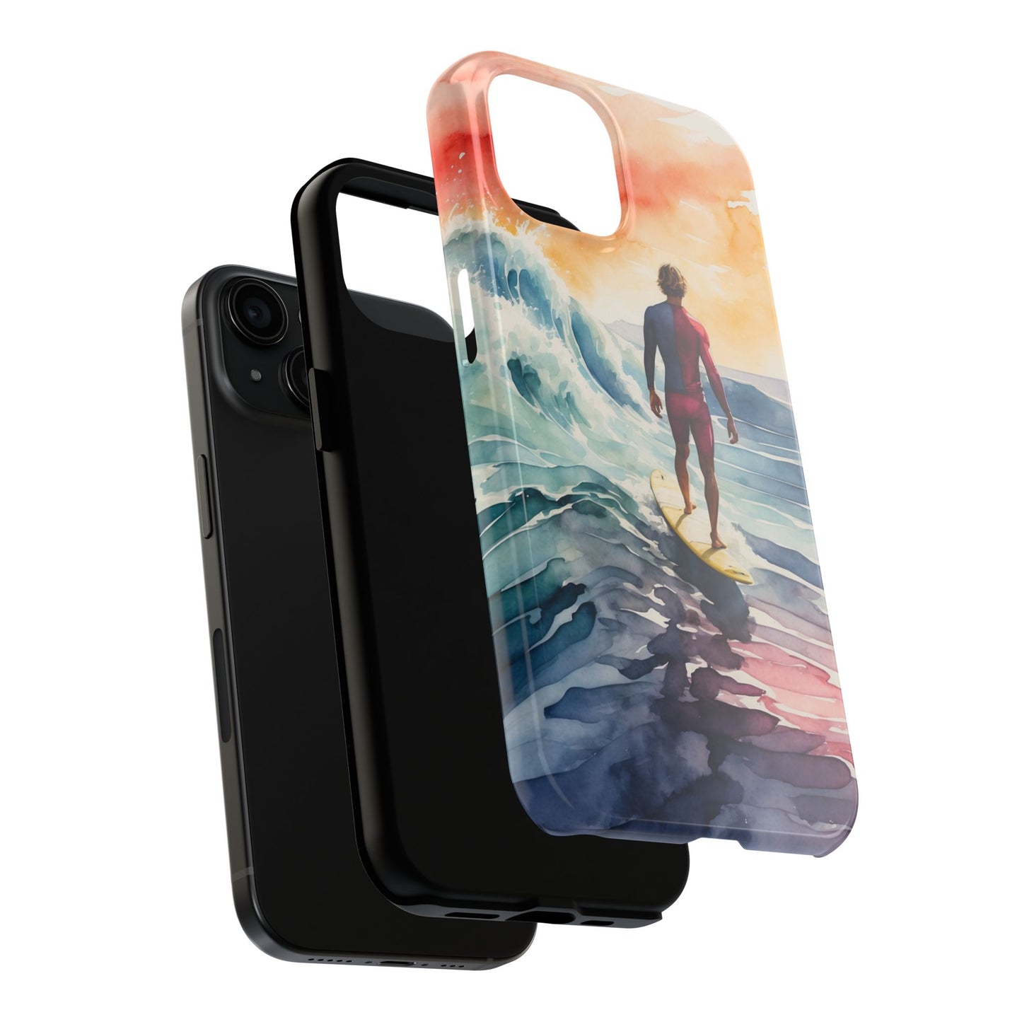 Surfer’s Sunset Wave iPhone Case – Vibrant Watercolor Design