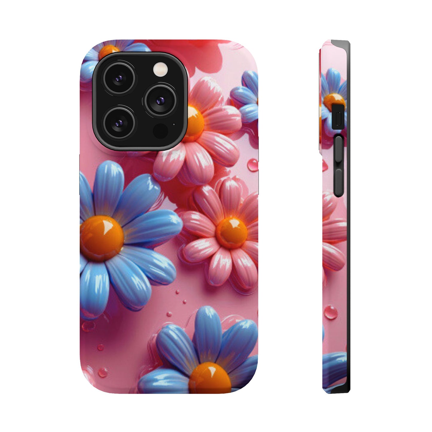 Pastel Daisy 3D MagSafe iPhone Case – Glossy Pink and Blue Floral Design, Full Protection