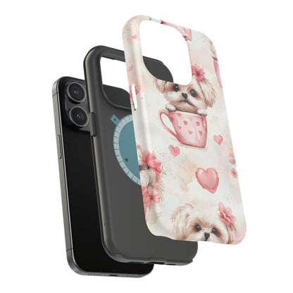 Floral Puppy in Teacup MagSafe iPhone Case – Cute Pink Flower Design, Tough Dual-Layer Protection