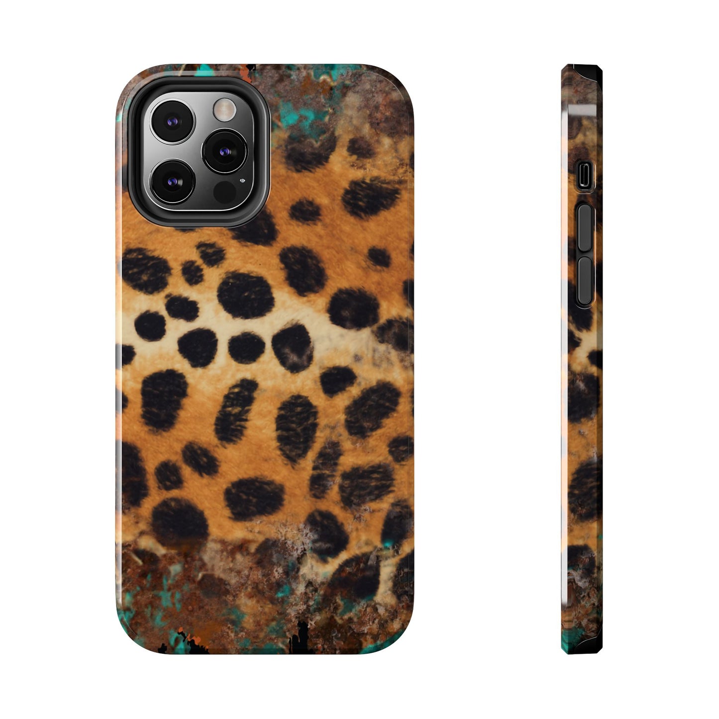 Rustic Leopard Print Tough iPhone Case – Distressed Turquoise and Animal Pattern with Dual-Layer Protection