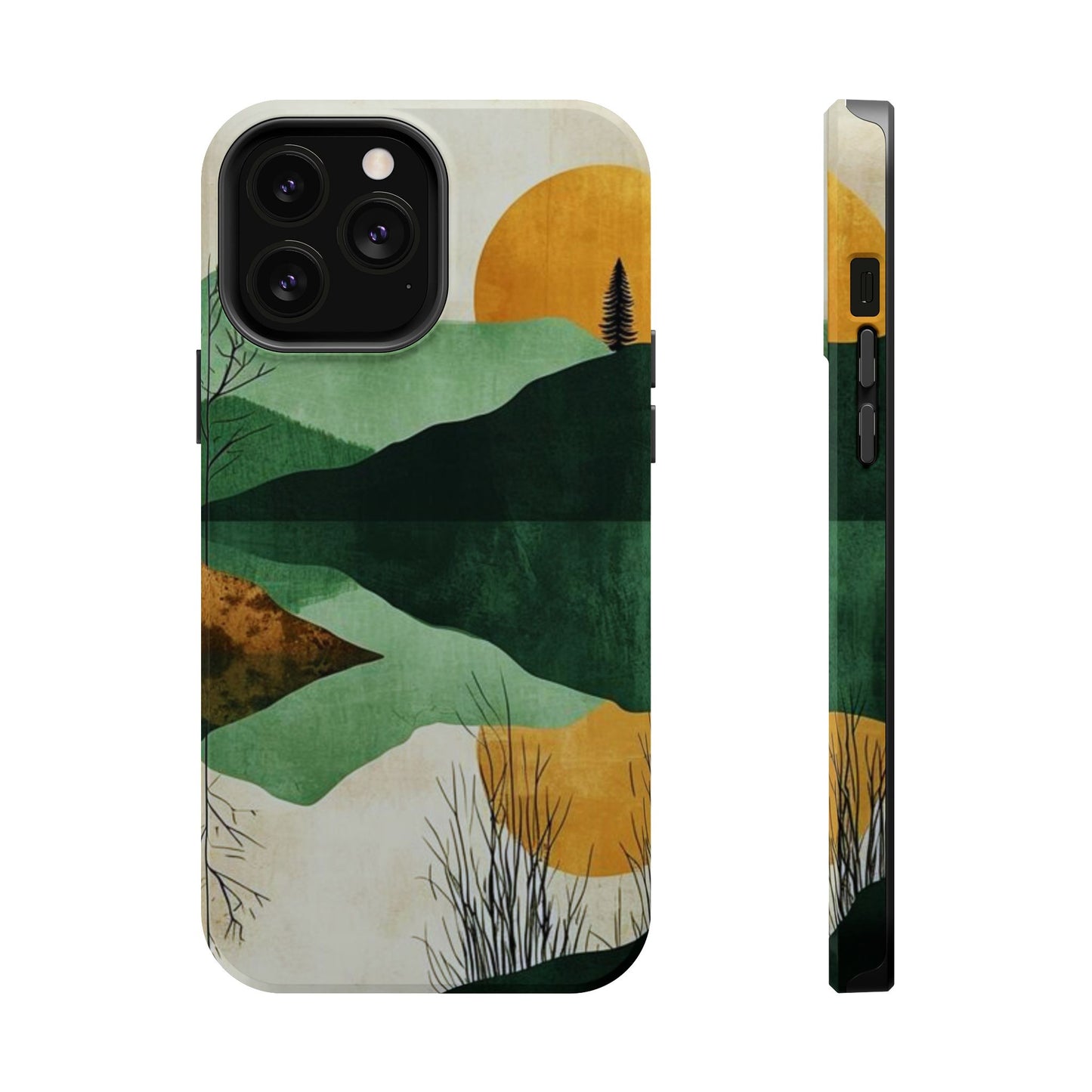 Retro Mountain Sunrise MagSafe iPhone Case – Minimalist Landscape Design, Dual-Layer Protection