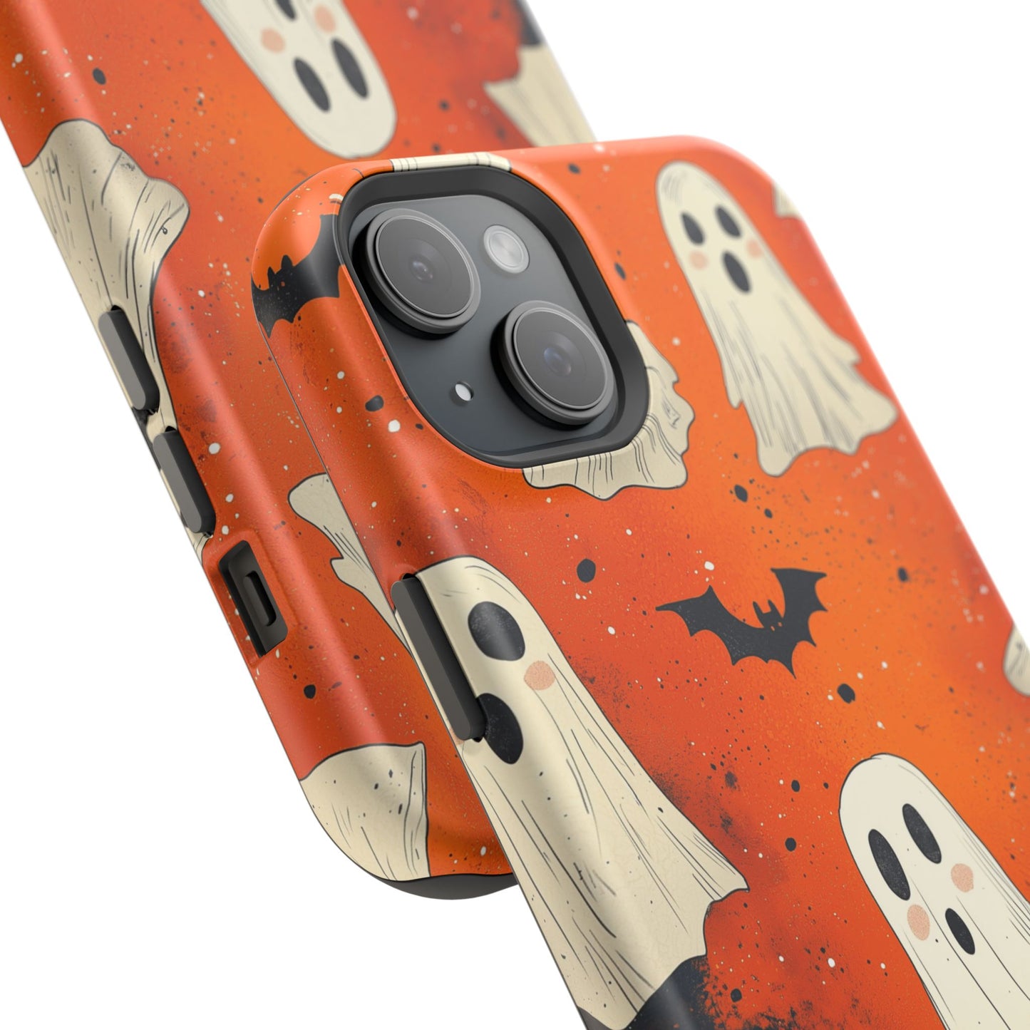 Spooky Ghosts & Bats  MagSafe iPhone Case – Vibrant Orange Halloween Design