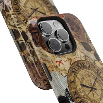 Steampunk Vintage Adventure MagSafe iPhone Case – Dual-Layer Protection with Antique Map and Clock Design