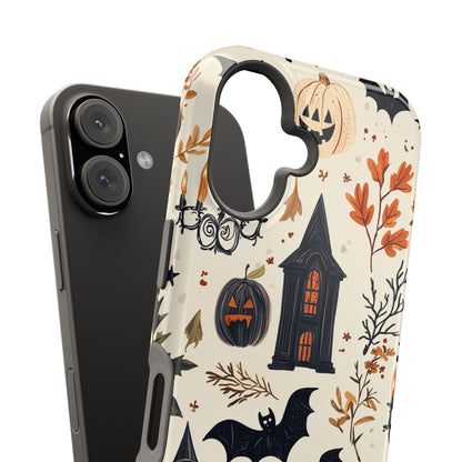 Haunted Halloween MagSafe iPhone Case – Haunted House, Bats, and Pumpkins Design