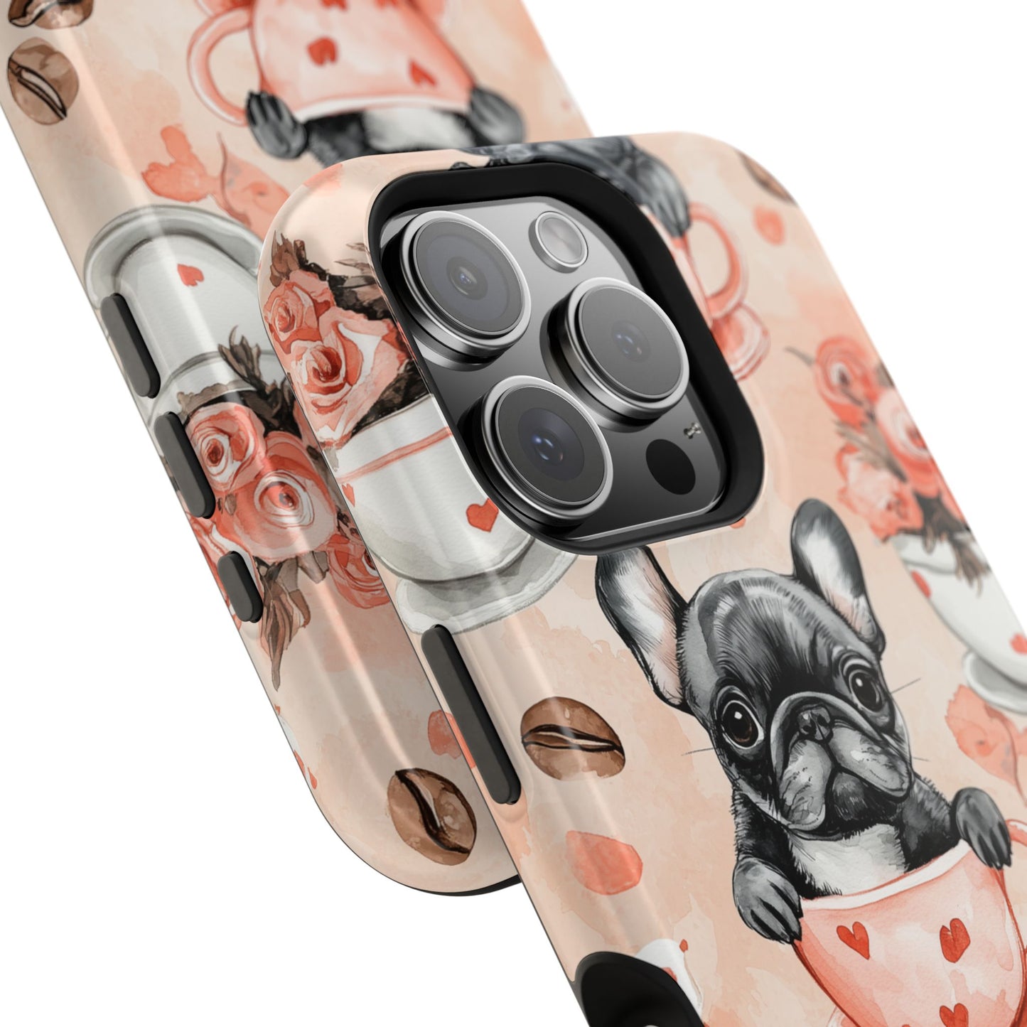 French Bulldogs in Heart Teacups MagSafe iPhone Case – Cute Dog & Floral Design, Shockproof Protection