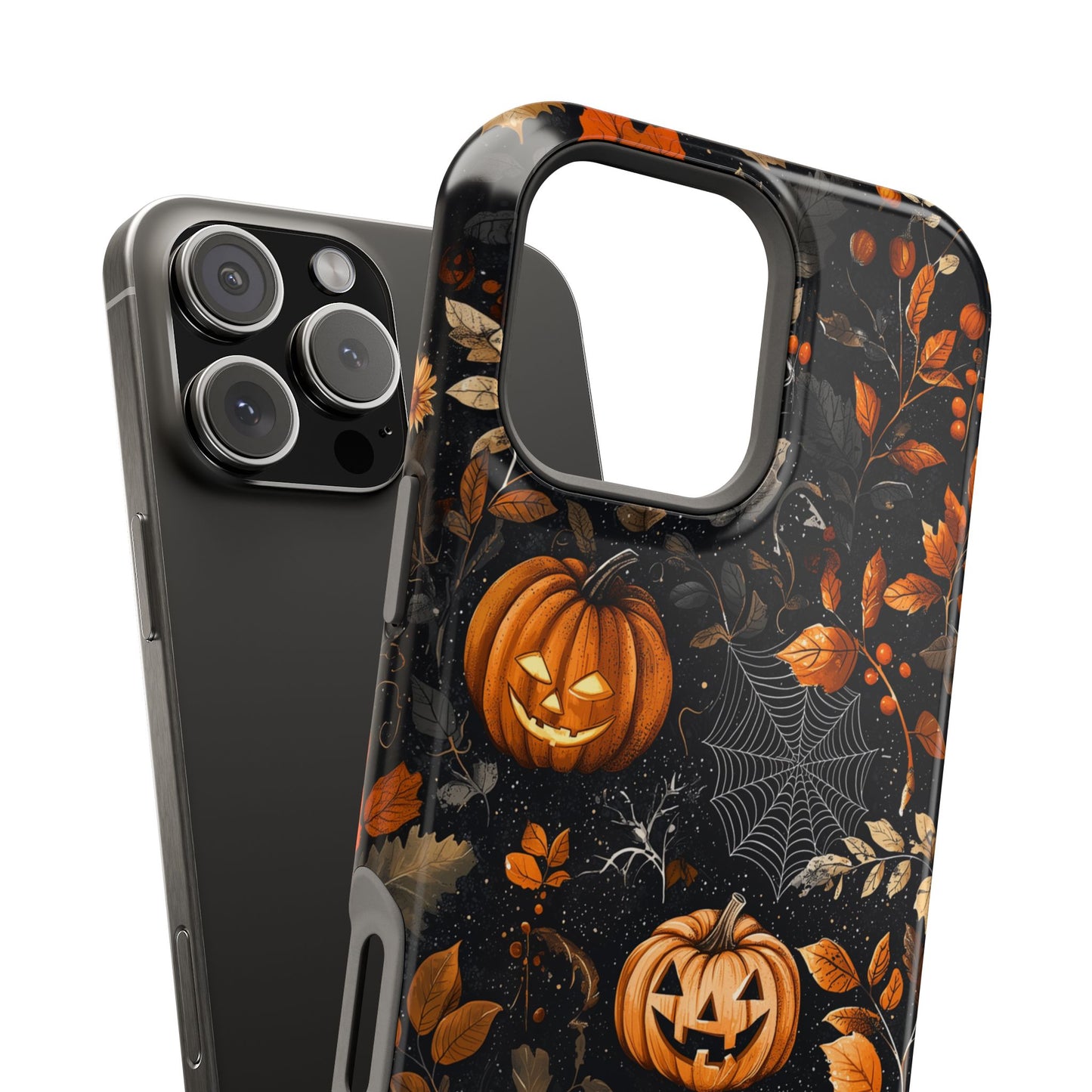 Elegant Halloween MagSafe iPhone Case – Pumpkin Jack-o'-Lanterns, Cobwebs & Autumn Foliage Design