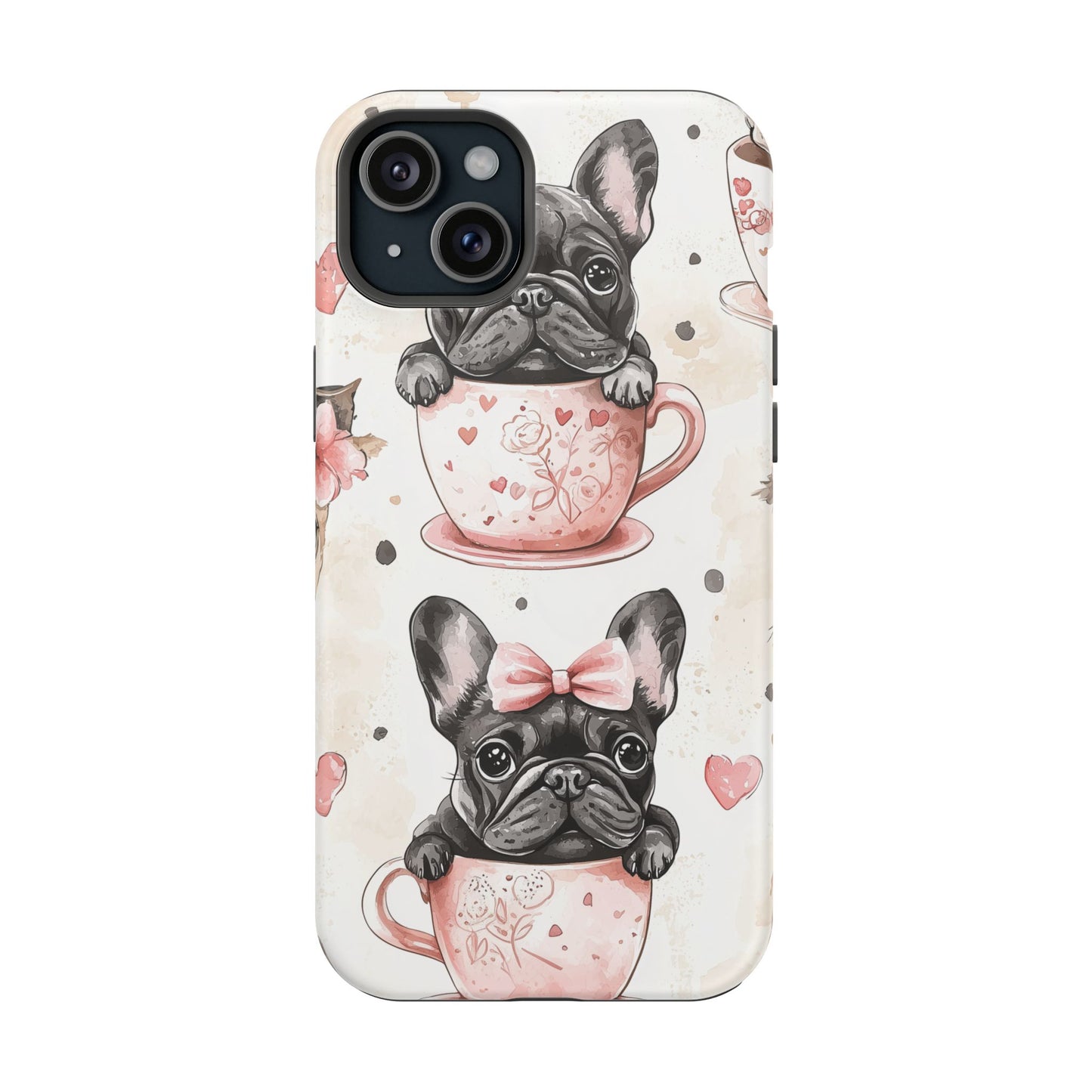 French Bulldogs in Teacups MagSafe iPhone Case – Cute Dog Design with Hearts & Bows, Shockproof & Slim